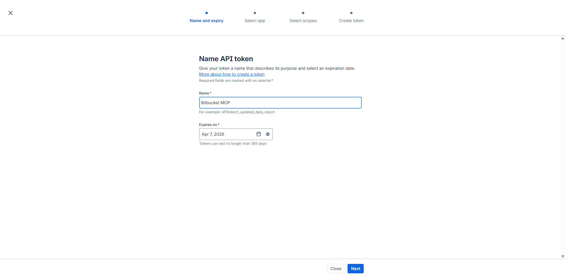 Name and expiry step with "Bitbucket MCP" entered as the token name