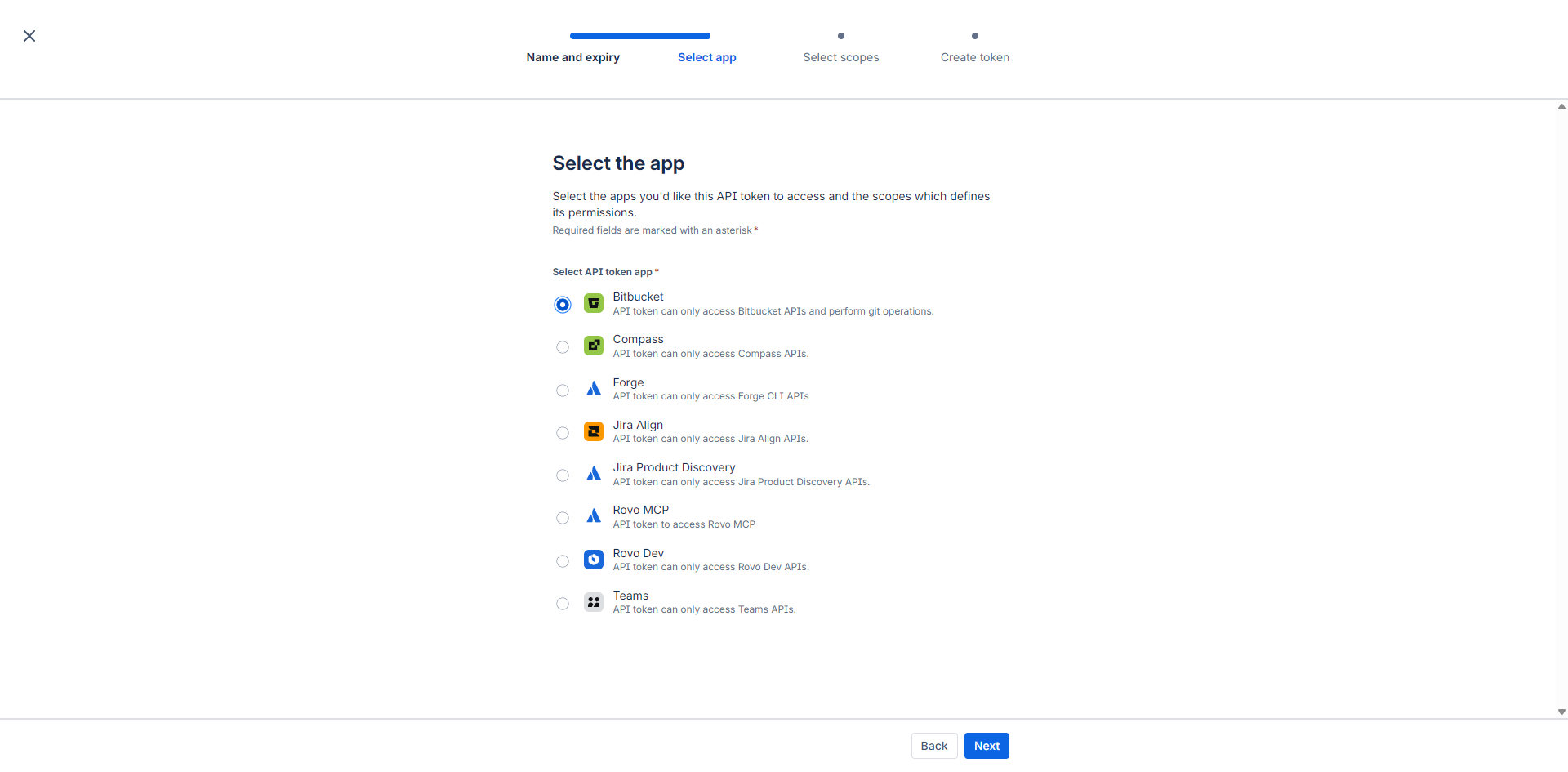 Select app step with Bitbucket selected