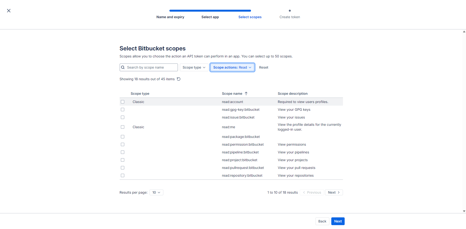 Select scopes step filtered to Read scopes with all 18 checked