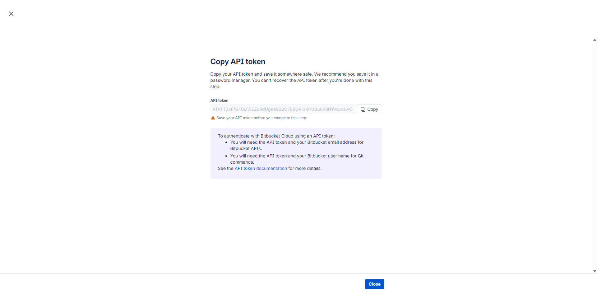 Copy API token step showing the generated token